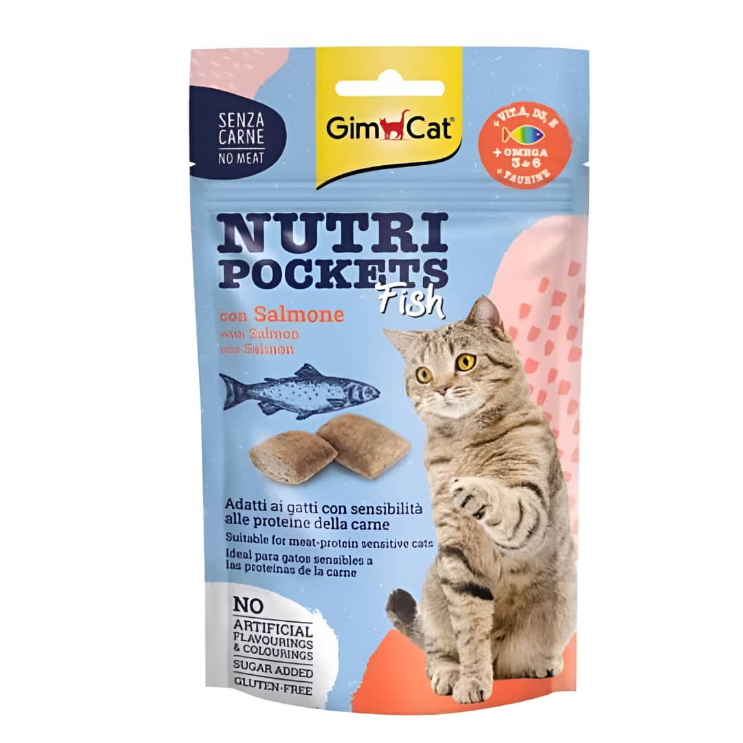 اسنک تشویقی گربه جیم کت بدون پروتئین حیوانی با طعم سالمون GimCat Nutri Pockets Salmon وزن 60 گرم