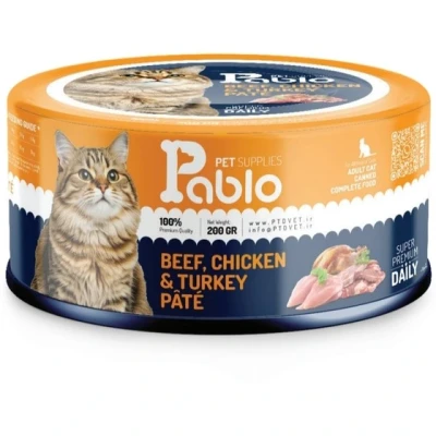 کنسرو گربه بالغ پابلو پته گوشت، مرغ و بوقلمون مدل اولترا وزن 200 گرم Pablo
